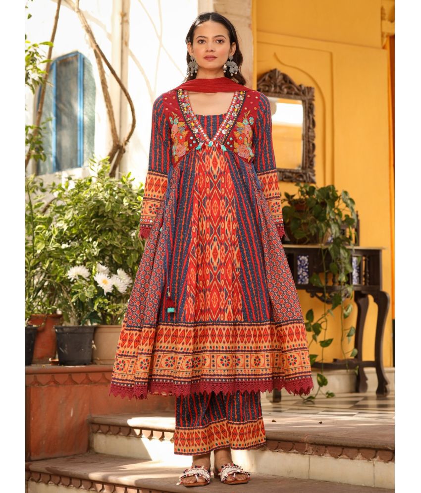     			Juniper Cotton Printed Kurti With Palazzo Women's Stitched Salwar Suit - Rust ( Pack of 1 )