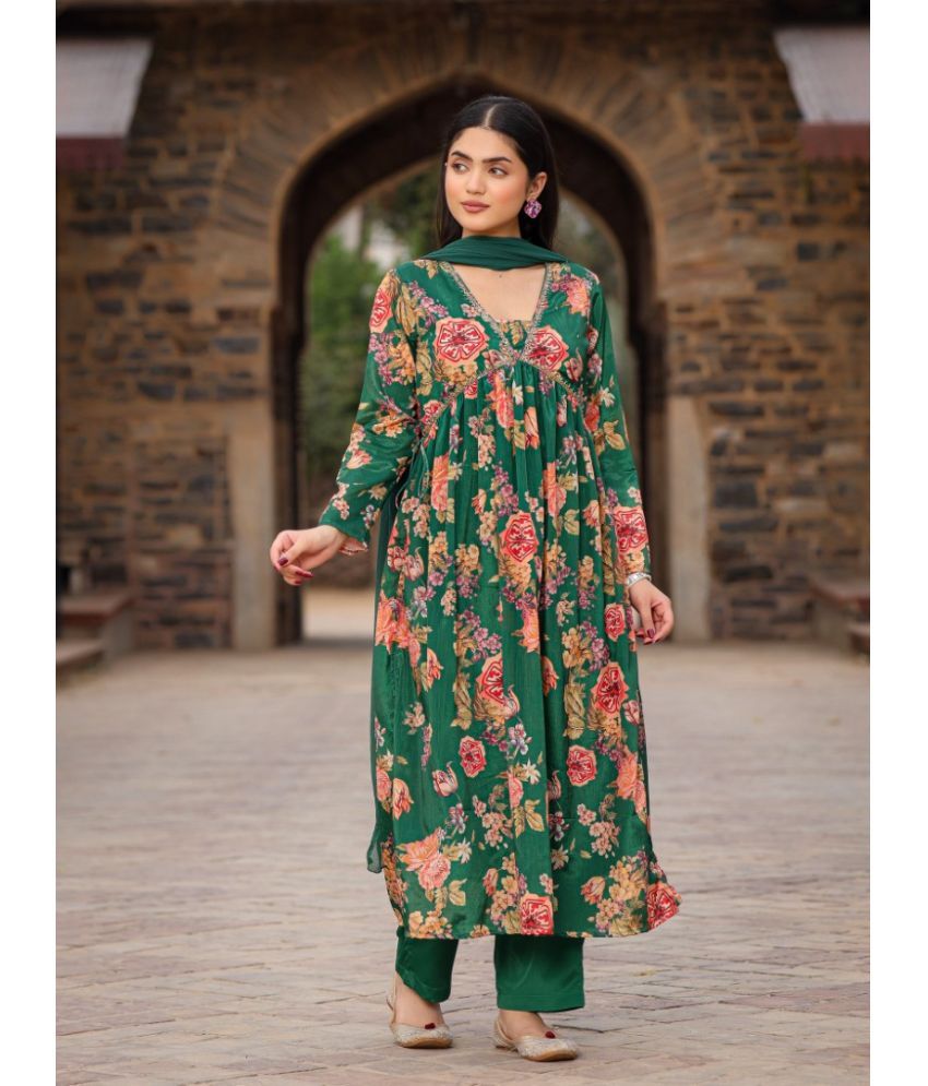     			Juniper Silk Blend Printed Kurti With Pants Women's Stitched Salwar Suit - Green ( Pack of 1 )