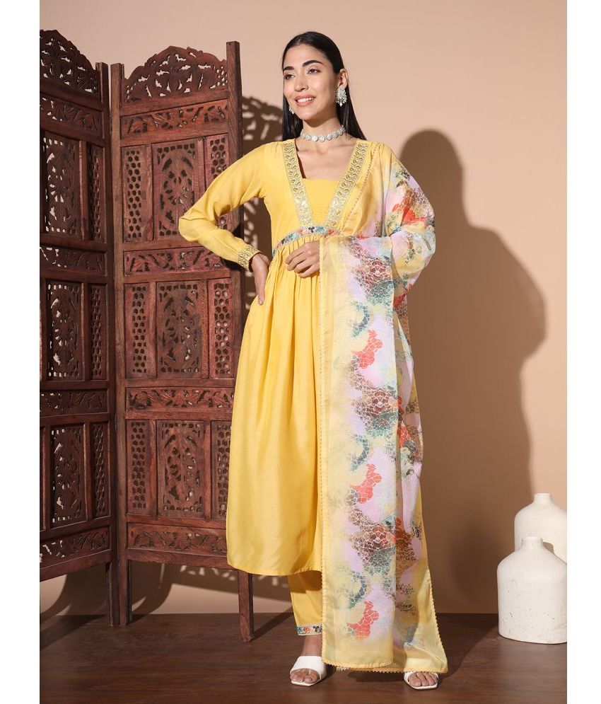     			gufrina Silk Blend Embroidered Kurti With Pants Women's Stitched Salwar Suit - Yellow ( Pack of 1 )