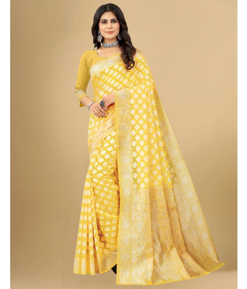     			Satrani Cotton Blend Self Design Saree With Blouse Piece - Yellow ( Pack of 1 )