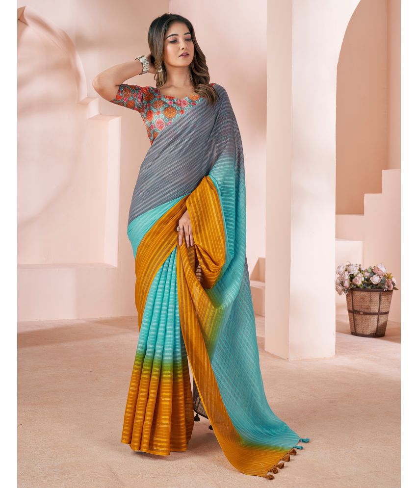     			Satrani Linen Striped Saree With Blouse Piece - Turquoise ( Pack of 1 )