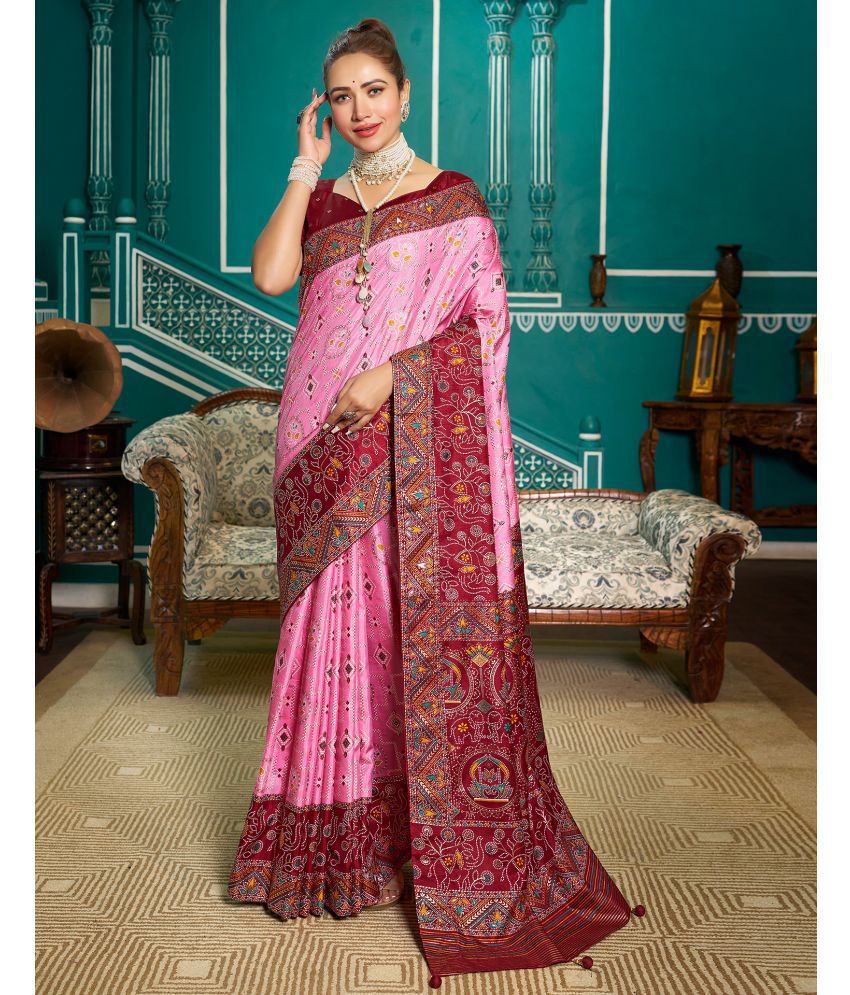     			Satrani Silk Printed Saree With Blouse Piece - Rani ( Pack of 1 )