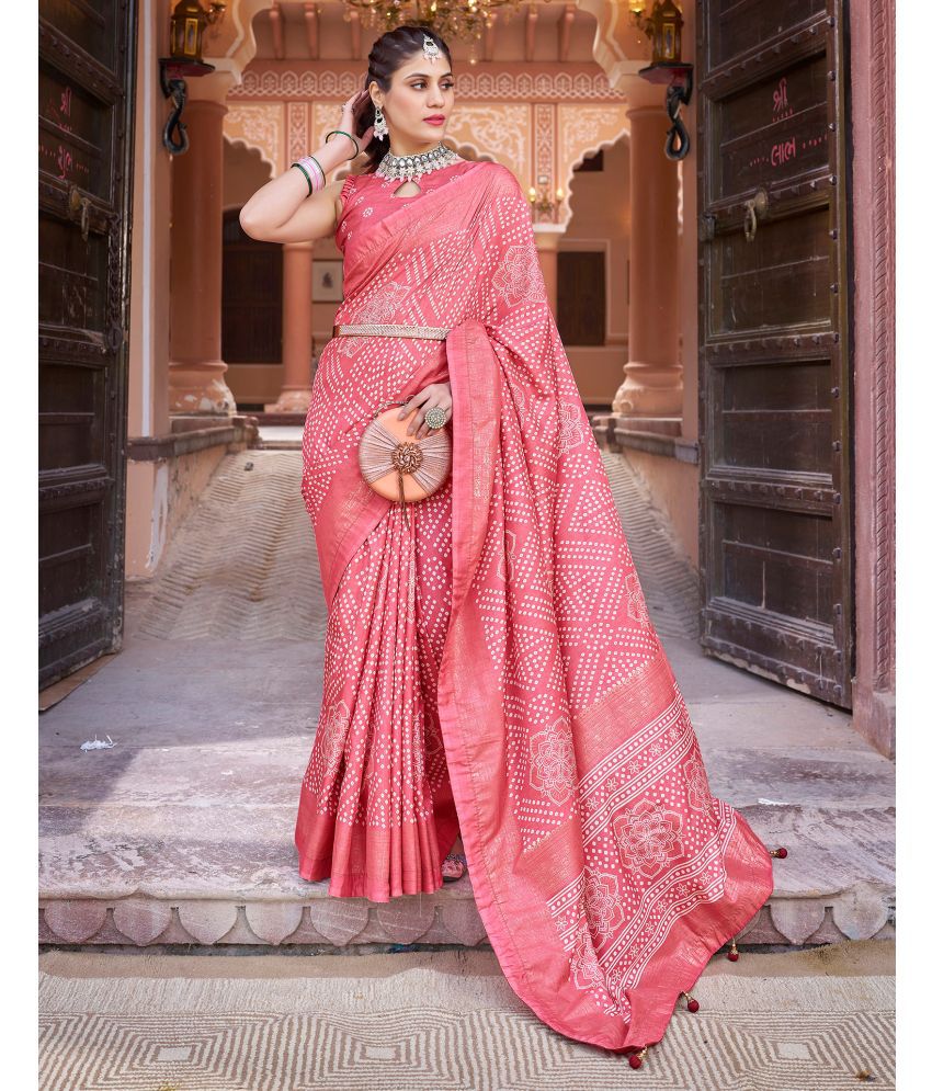     			Satrani Silk Printed Saree With Blouse Piece - Pink ( Pack of 1 )