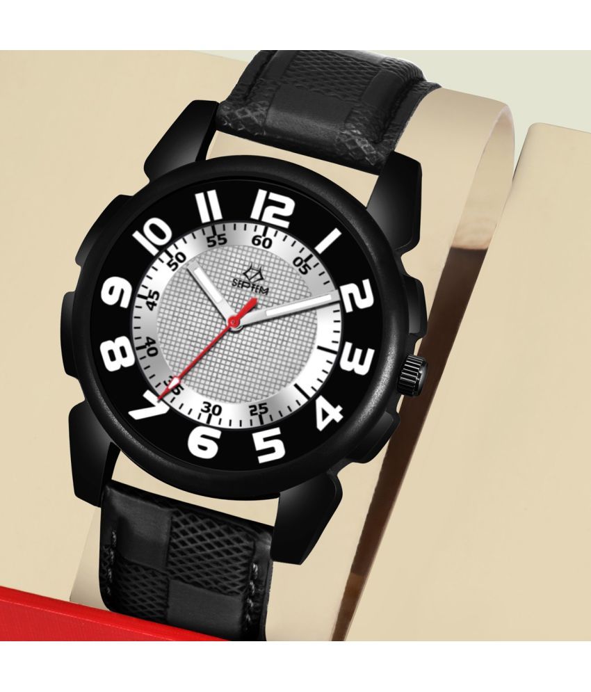     			Septem Black Leather Analog Men's Watch