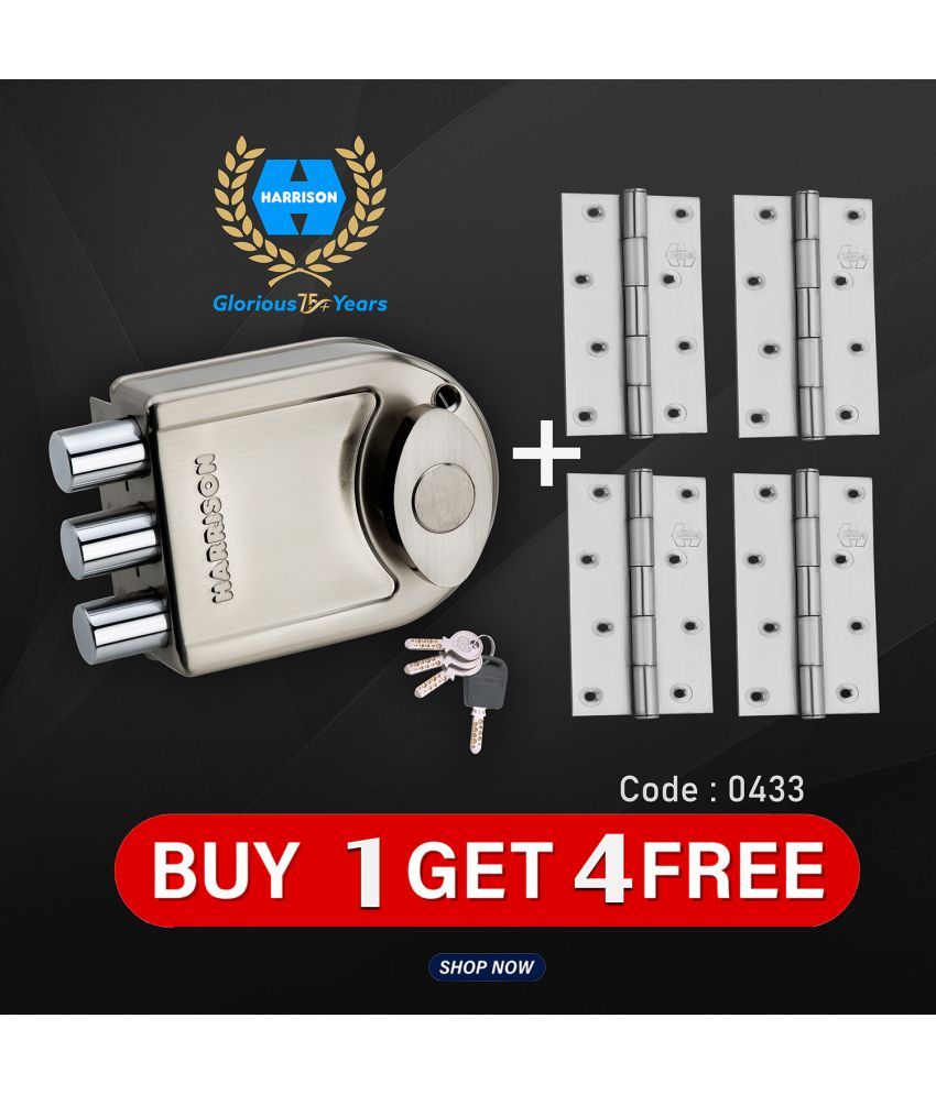     			Harrison Main Door Lock Buy 1 Get 4 Hinge Free/ 1 Sheild Tri Bolt Lock 0586 SS Finish 4 Computerised Key with 4 Hinge 0839 SS Finish and Key Ring/Mild Steel Material/Door Lock, Rim Lock,Tri Bolt Lock