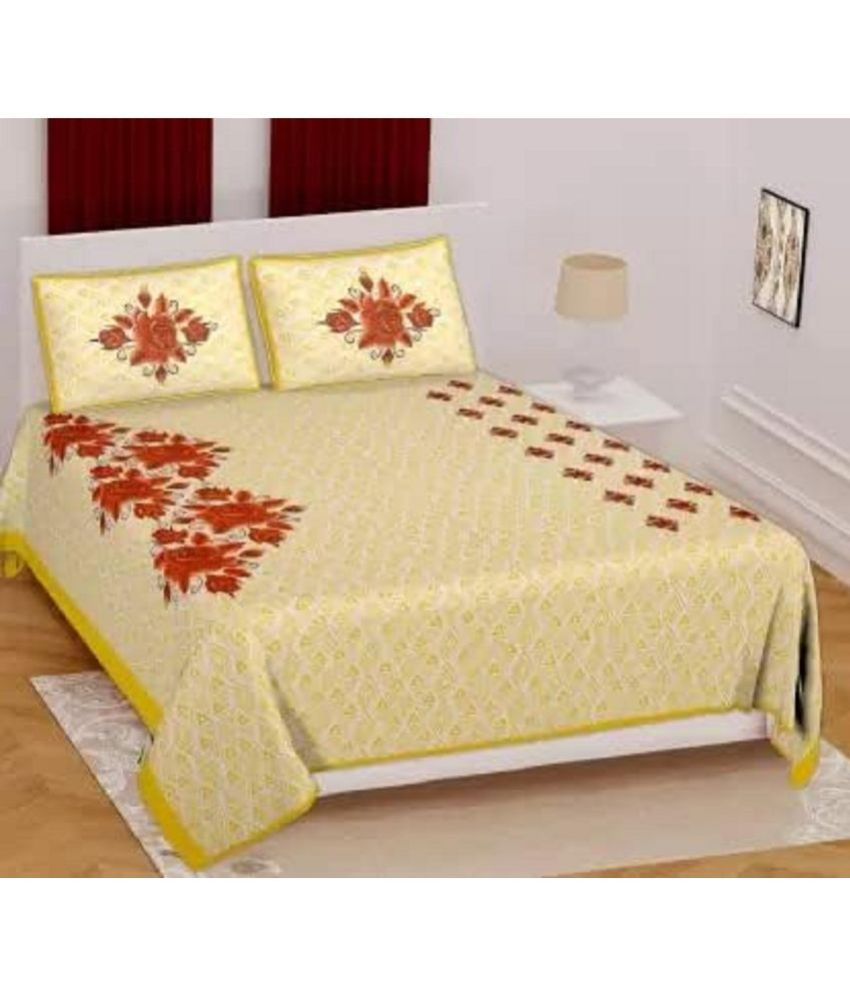     			Kargawal Cotton Floral 1 Double Bedsheet with 2 Pillow Covers - Yellow