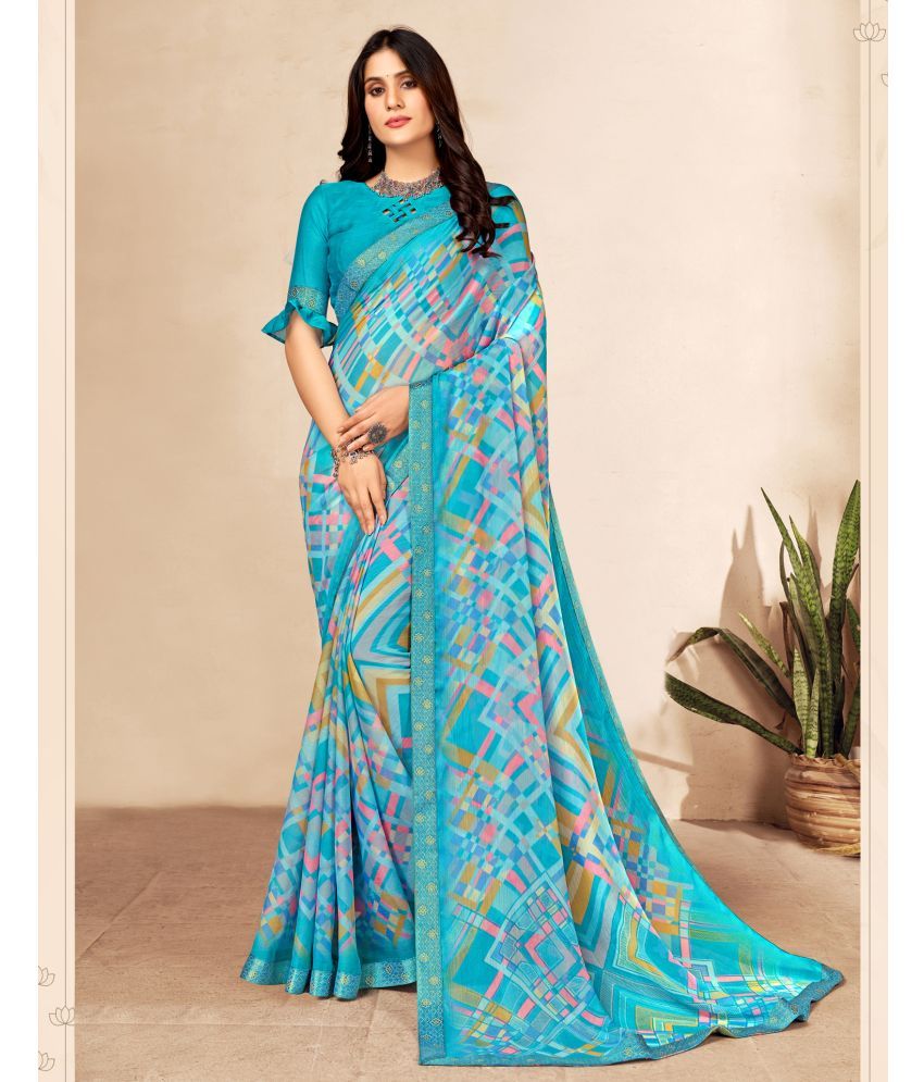     			Satrani Chiffon Printed Saree With Blouse Piece - Light Blue ( Pack of 1 )