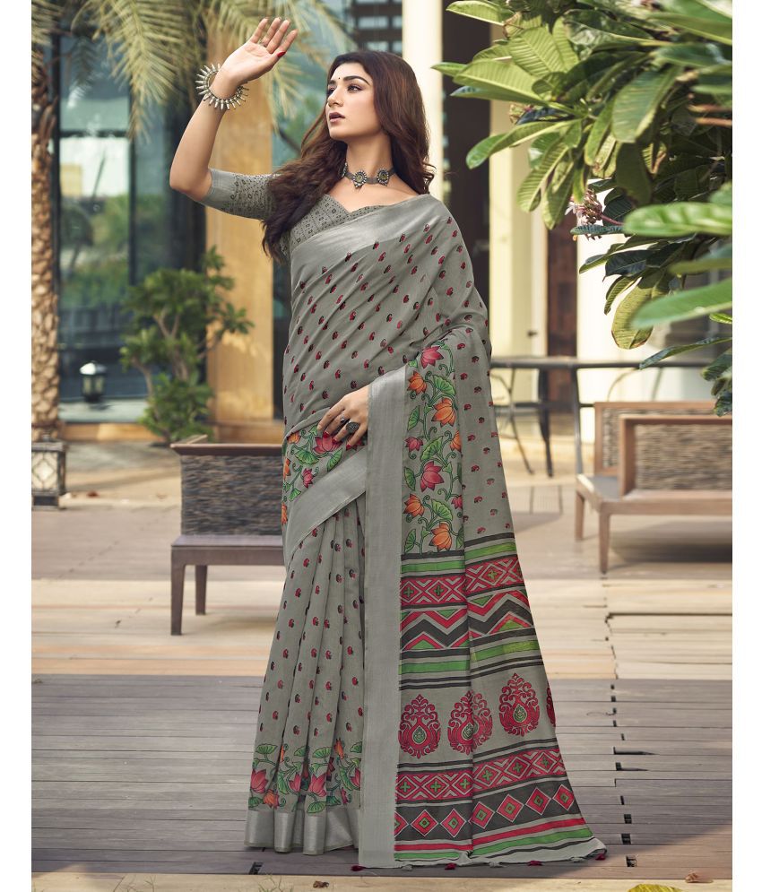     			Satrani Cotton Printed Saree With Blouse Piece - Grey ( Pack of 1 )