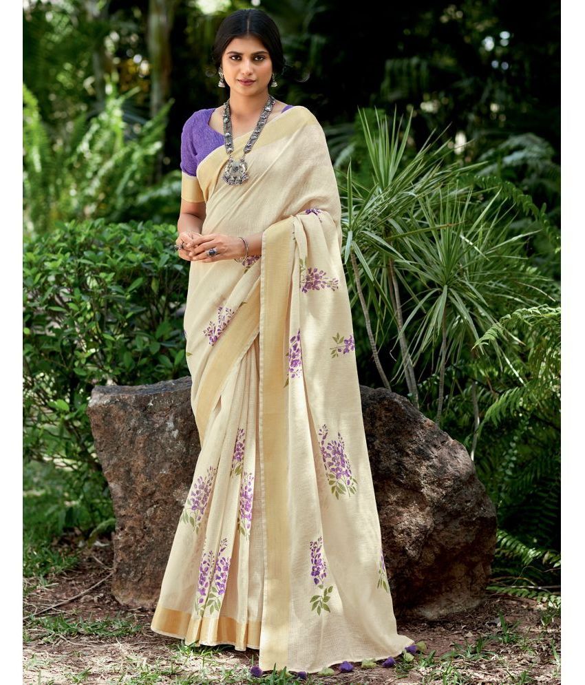     			Satrani Cotton Printed Saree With Blouse Piece - Cream ( Pack of 1 )