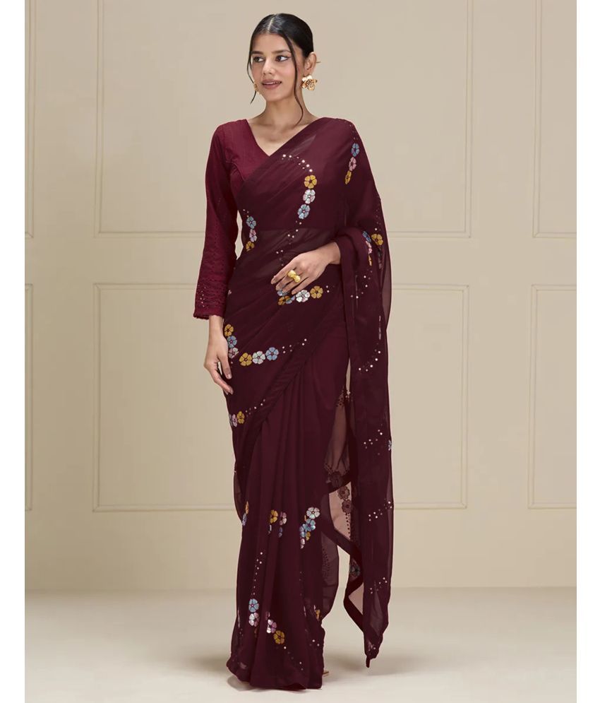     			Satrani Georgette Embellished Saree With Blouse Piece - Maroon ( Pack of 1 )