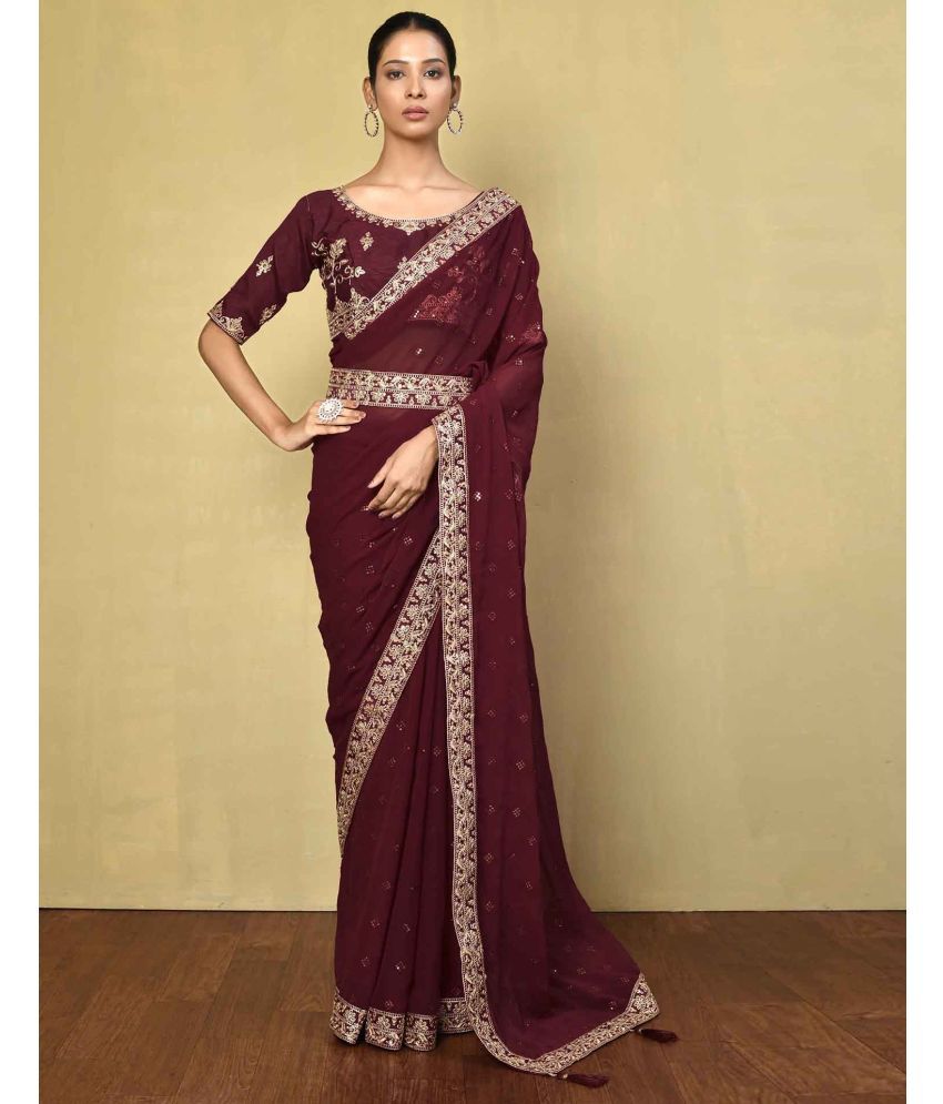     			Satrani Georgette Embellished Saree With Blouse Piece - Wine ( Pack of 1 )