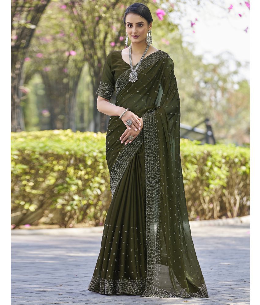    			Satrani Georgette Embellished Saree With Blouse Piece - Olive ( Pack of 1 )