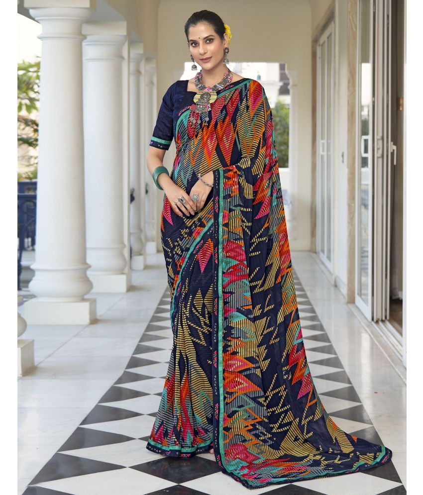     			Satrani Georgette Printed Saree With Blouse Piece - Navy Blue ( Pack of 1 )