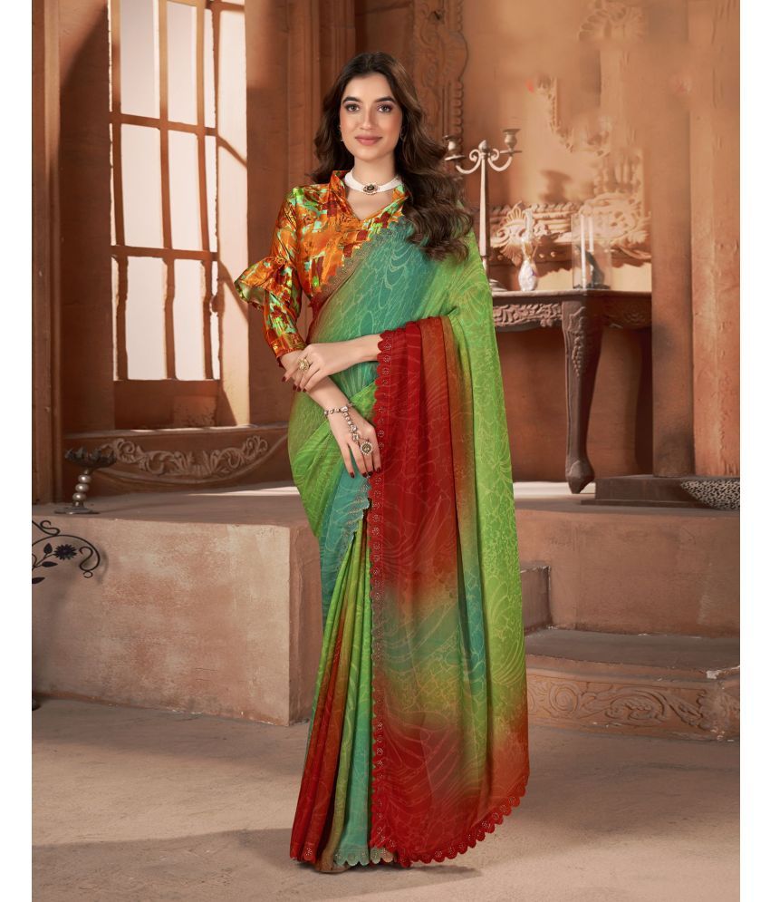     			Satrani Georgette Printed Saree With Blouse Piece - Green ( Pack of 1 )