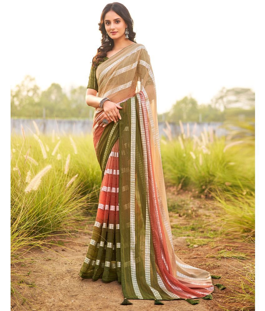     			Satrani Georgette Striped Saree With Blouse Piece - Olive ( Pack of 1 )