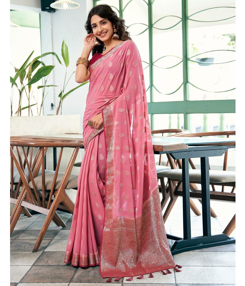     			Satrani Georgette Woven Saree With Blouse Piece - Pink ( Pack of 1 )