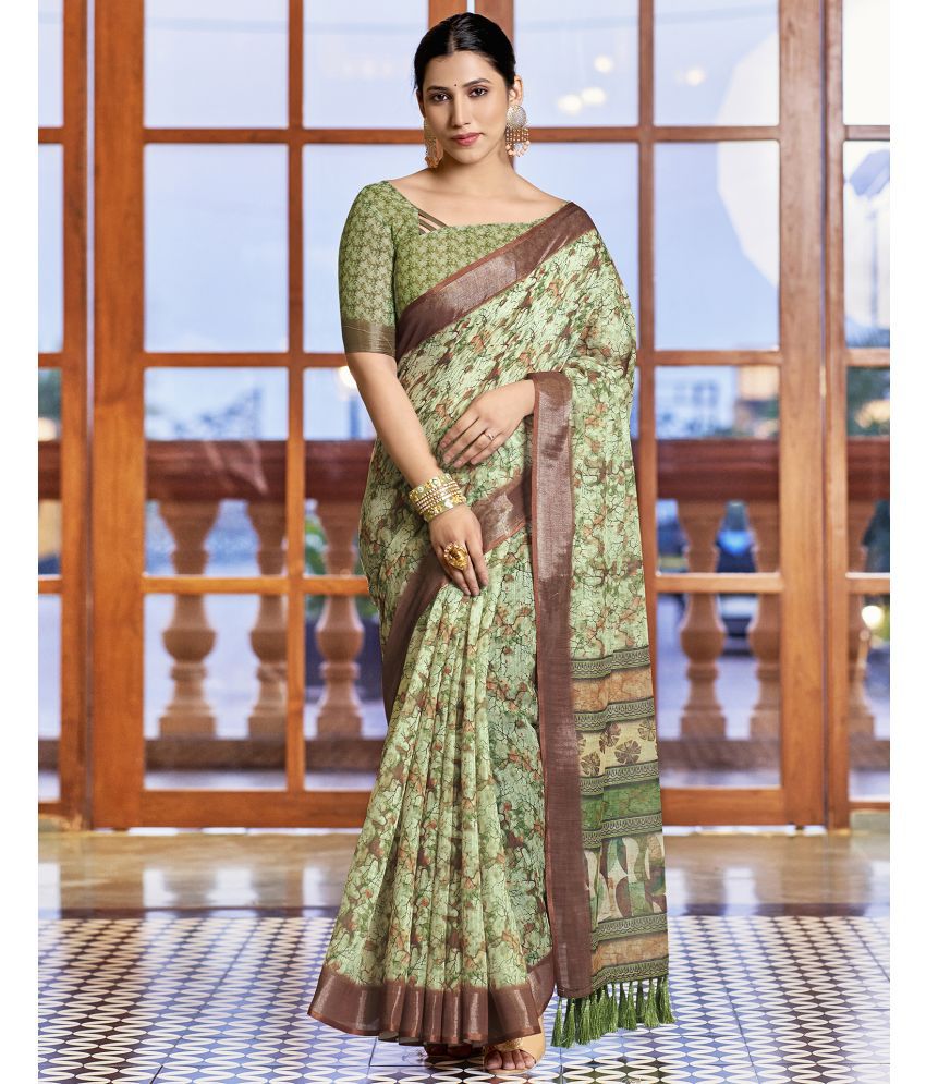     			Satrani Linen Printed Saree With Blouse Piece - Light Green ( Pack of 1 )