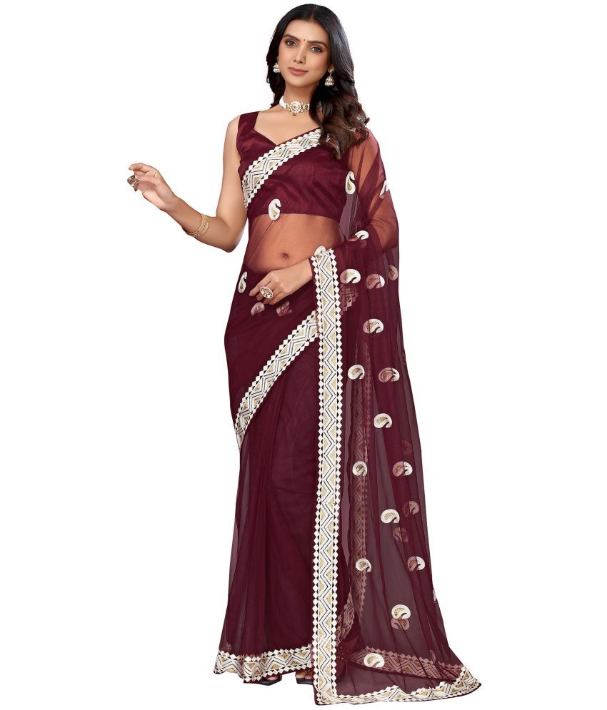     			Satrani Net Embroidered Saree With Blouse Piece - Maroon ( Pack of 1 )