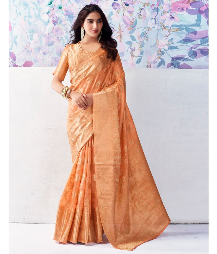     			Satrani Organza Self Design Saree With Blouse Piece - Orange ( Pack of 1 )