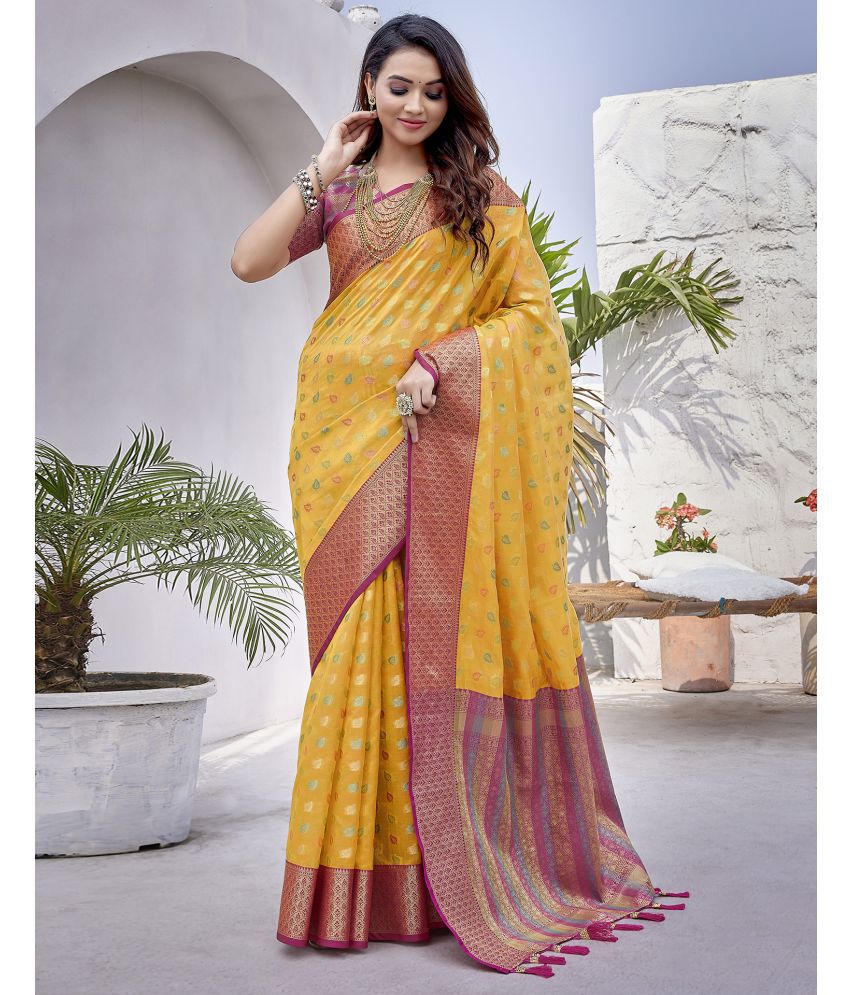     			Satrani Organza Woven Saree With Blouse Piece - Yellow ( Pack of 1 )