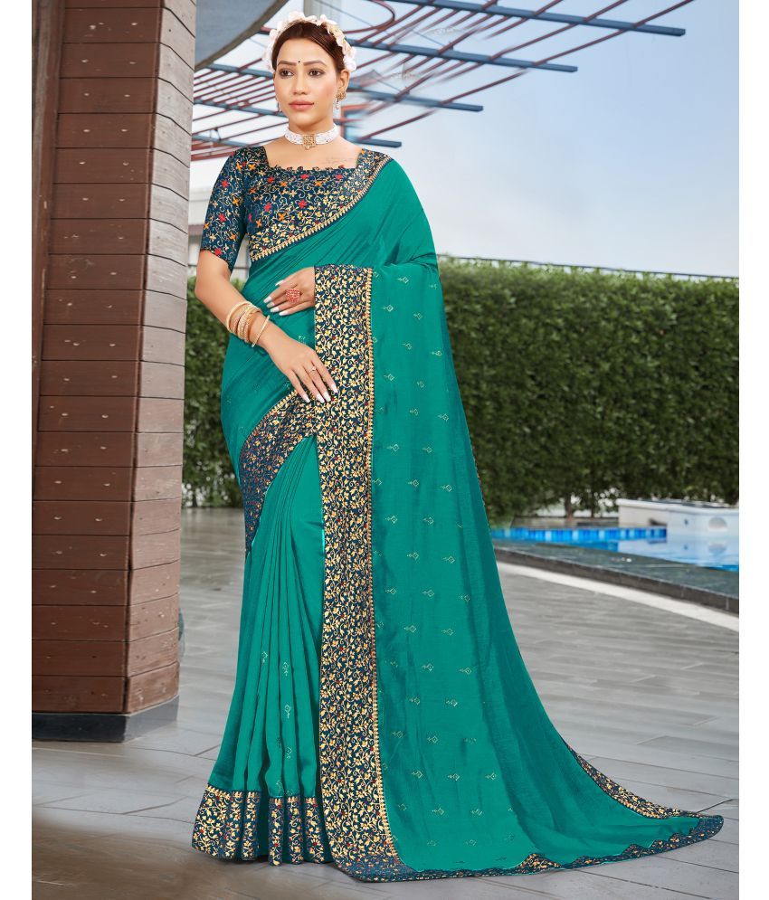     			Satrani Silk Blend Embellished Saree With Blouse Piece - Teal ( Pack of 1 )