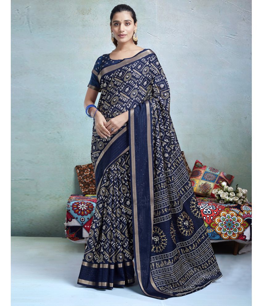     			Satrani Silk PRINTED Saree With Blouse Piece - Navy Blue ( Pack of 1 )