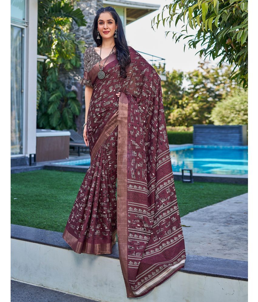     			Satrani Silk PRINTED Saree With Blouse Piece - Wine ( Pack of 1 )