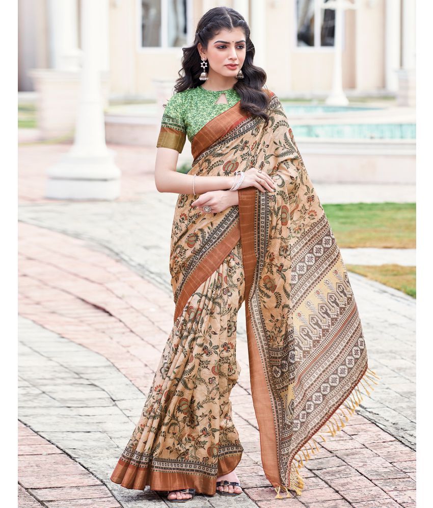     			Satrani Silk Printed Saree With Blouse Piece - Beige ( Pack of 1 )