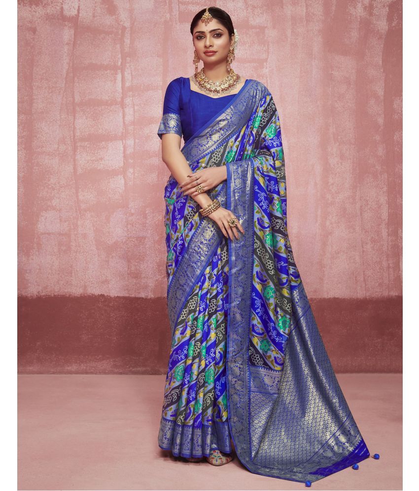     			Satrani Silk Printed Saree With Blouse Piece - Navy Blue ( Pack of 1 )