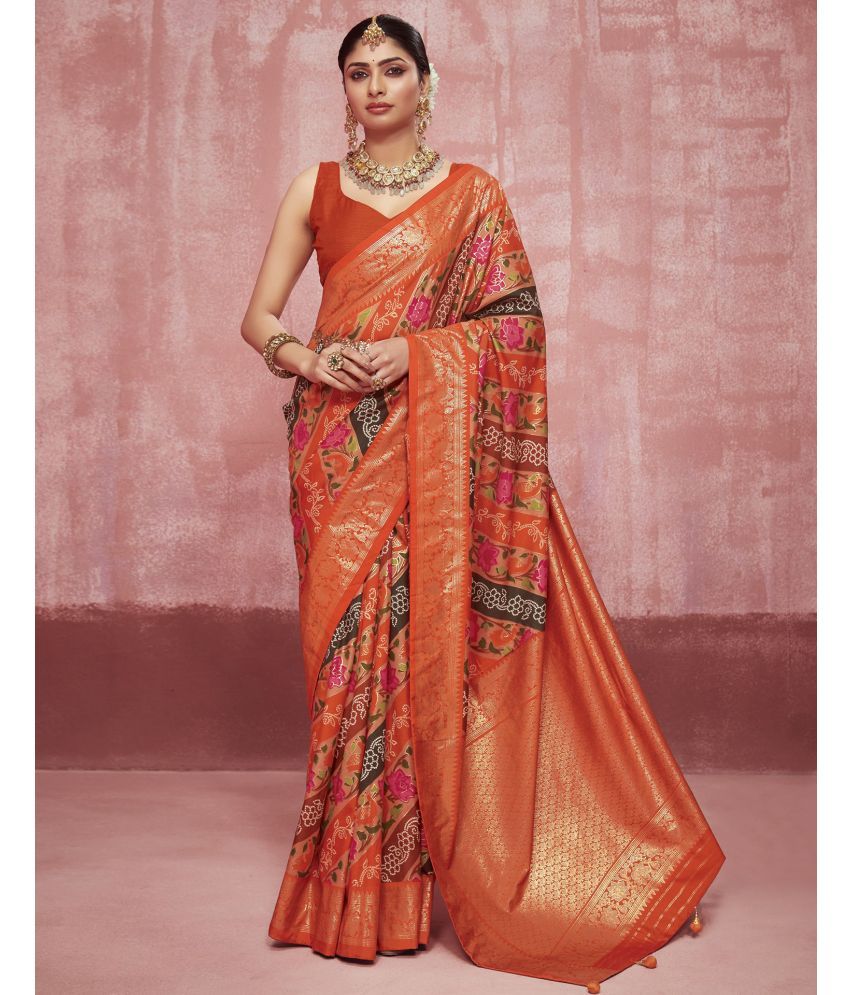     			Satrani Silk Printed Saree With Blouse Piece - Rust ( Pack of 1 )