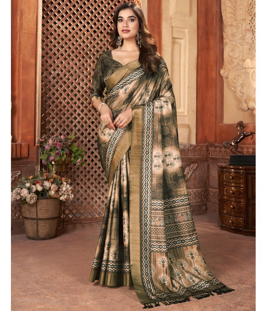     			Satrani Silk Printed Saree With Blouse Piece - Brown ( Pack of 1 )