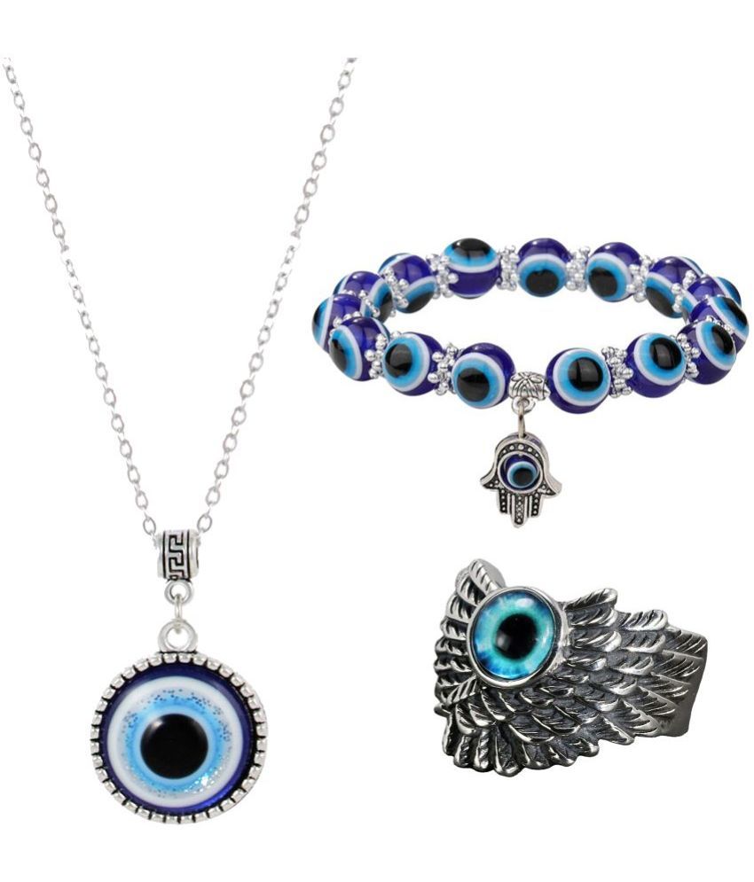     			Thrillz Silver Chain Pendant For Women Evil Eye Silver Bracelet For Women Men With Silver Evil Eye Ring Jewellery Combo