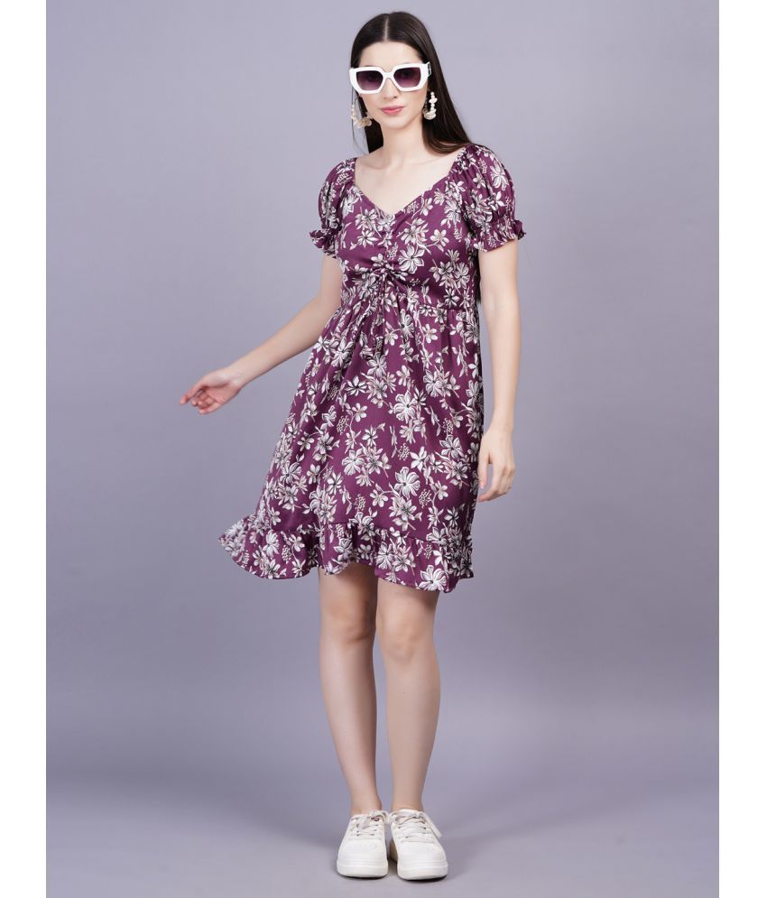     			JC4U Rayon Printed Above Knee Women's Fit & Flare Dress - Wine ( Pack of 1 )