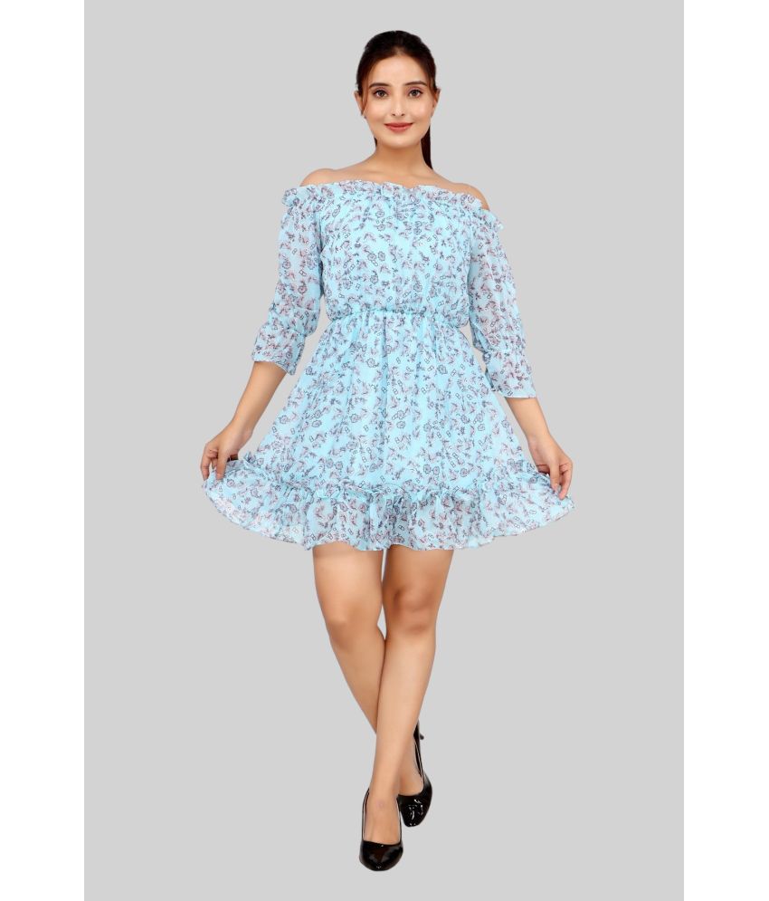     			Nativity Clothing Georgette Printed Mini Women's Fit & Flare Dress - Blue ( Pack of 1 )