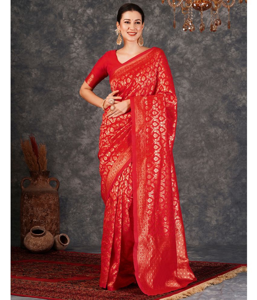     			Samah Art Silk Self Design Saree With Blouse Piece - Red ( Pack of 1 )