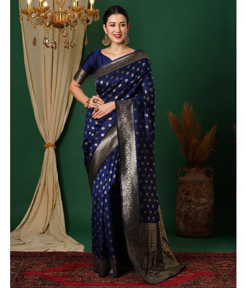     			Samah Art Silk Woven Saree With Blouse Piece - Navy Blue ( Pack of 1 )