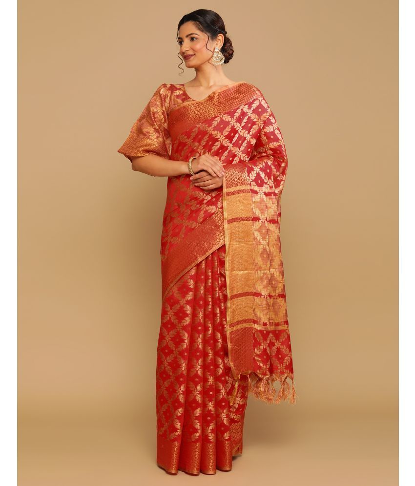     			Samah Cotton Silk Woven Saree With Blouse Piece - Red ( Pack of 1 )