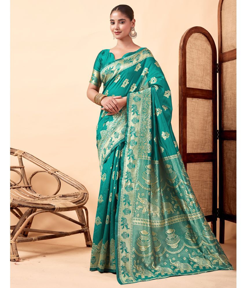     			Satrani Art Silk Woven Saree With Blouse Piece - Turquoise ( Pack of 1 )