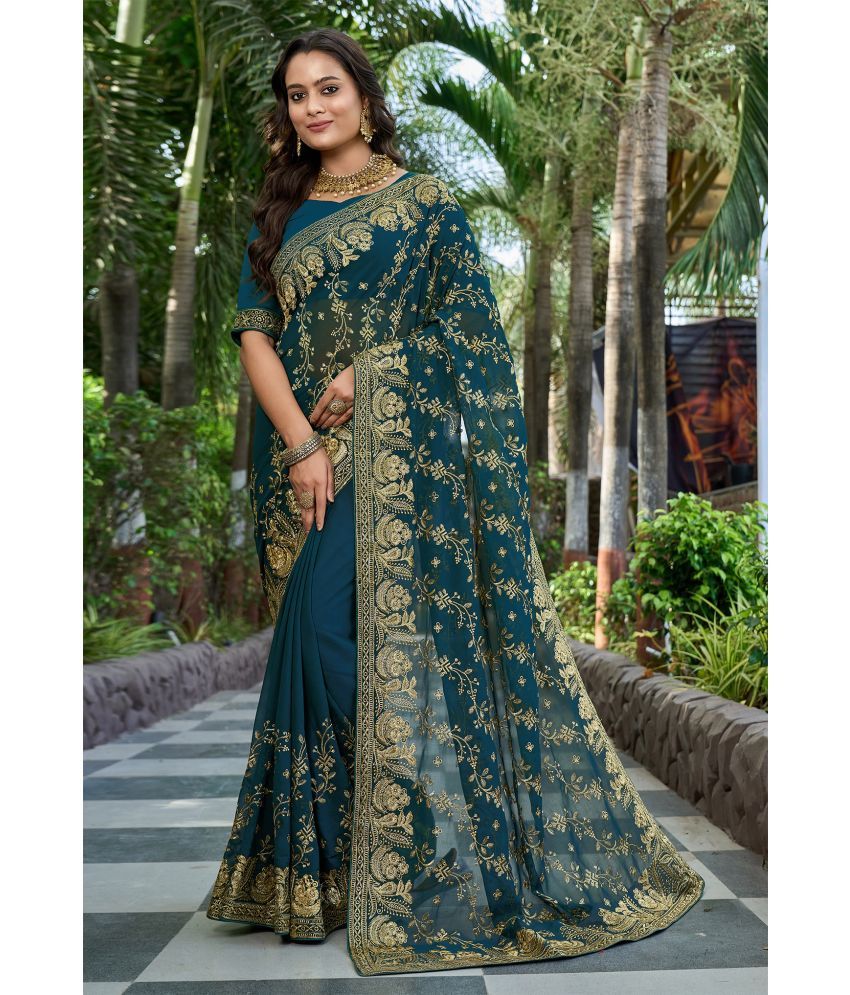     			Trijal Fab Georgette Embroidered Saree With Blouse Piece - Teal ( Pack of 1 )