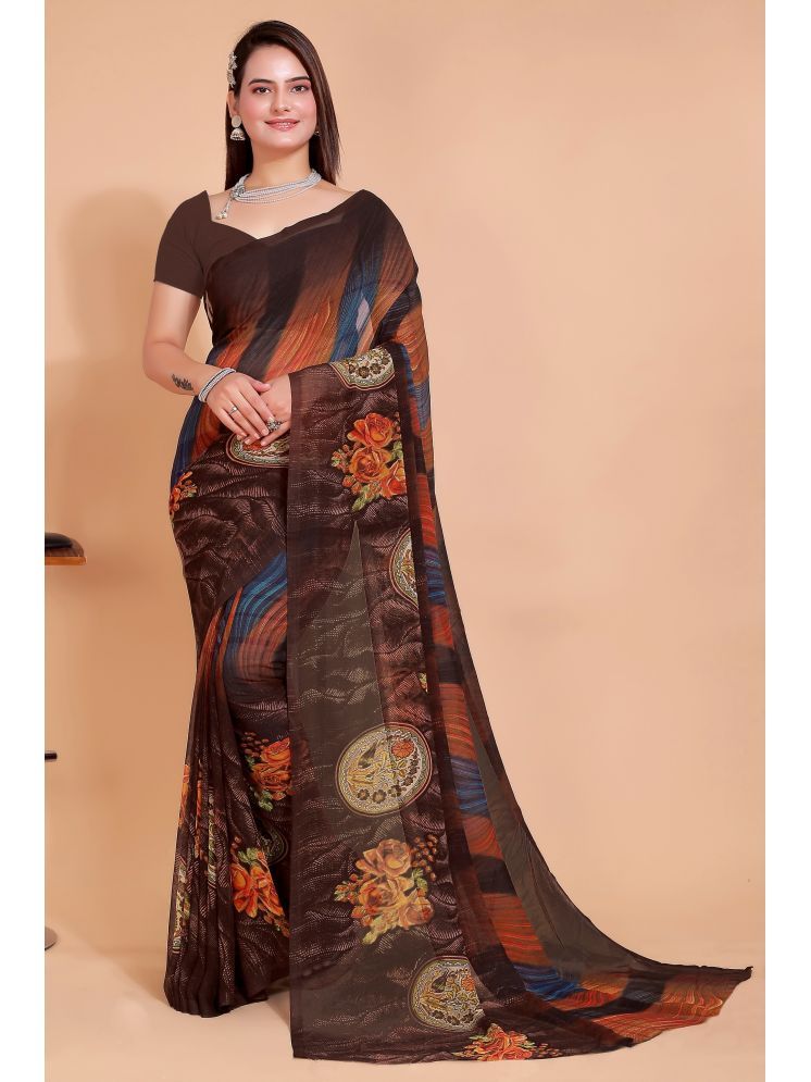     			Aishwarya Georgette Printed Saree Without Blouse Piece - Brown ( Pack of 1 )