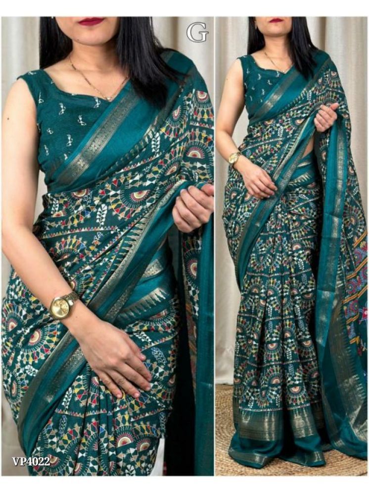     			Bhuwal Fashion Art Silk Printed Saree With Blouse Piece - Teal ( Pack of 1 )