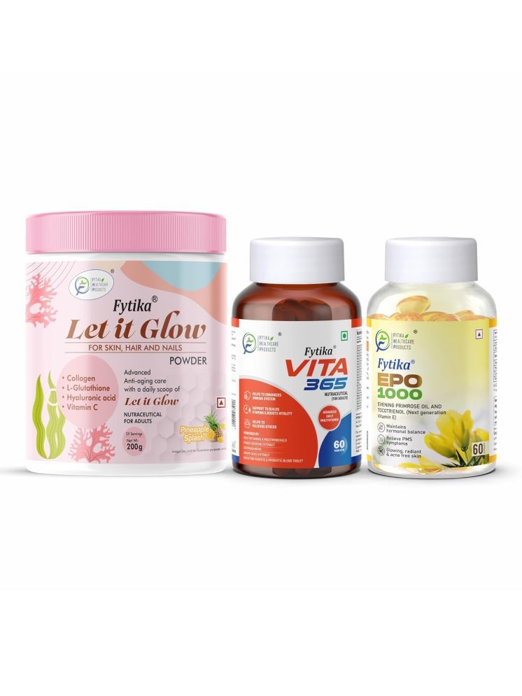     			Fytika Let it Glow Pineapple, Collagen Powder-200G + Fytika Vita 365, 3 in 1 Multivitamin-60 Tabs + Fytika EPO1000 Evening Primrose Oil-60 Softgel