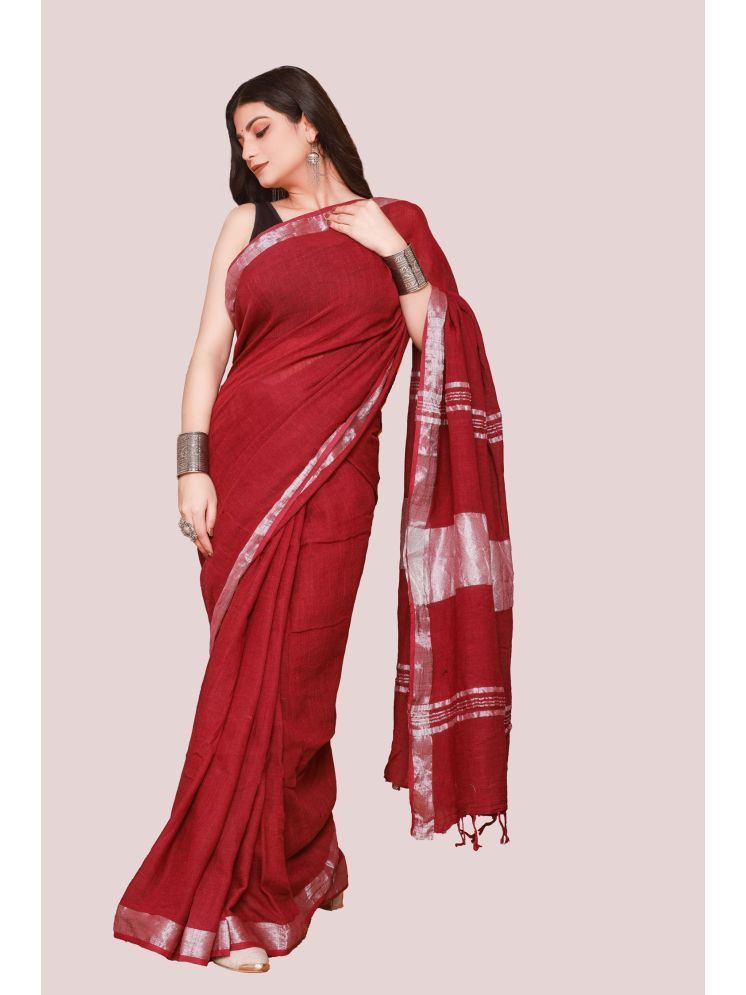     			NOITAERCPR Cotton Striped Saree With Blouse Piece - Maroon ( Pack of 1 )