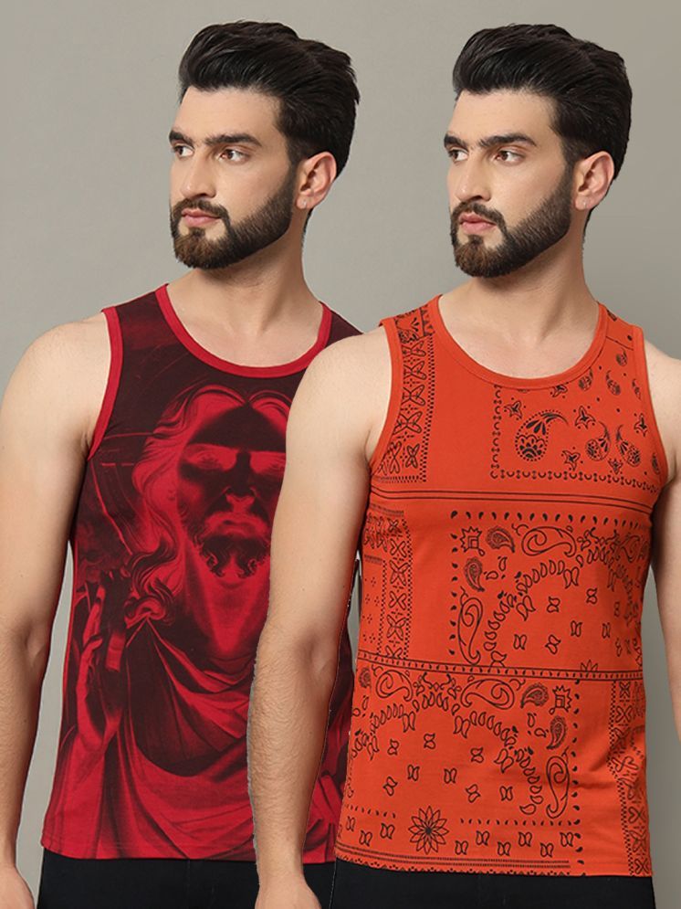     			RELANE Cotton Blend Regular Fit Printed Sleeveless Men's T-Shirt - Rust Brown ( Pack of 2 )