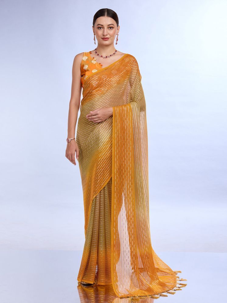     			Rekha Maniyar Chiffon Striped Saree With Blouse Piece - Orange ( Pack of 1 )