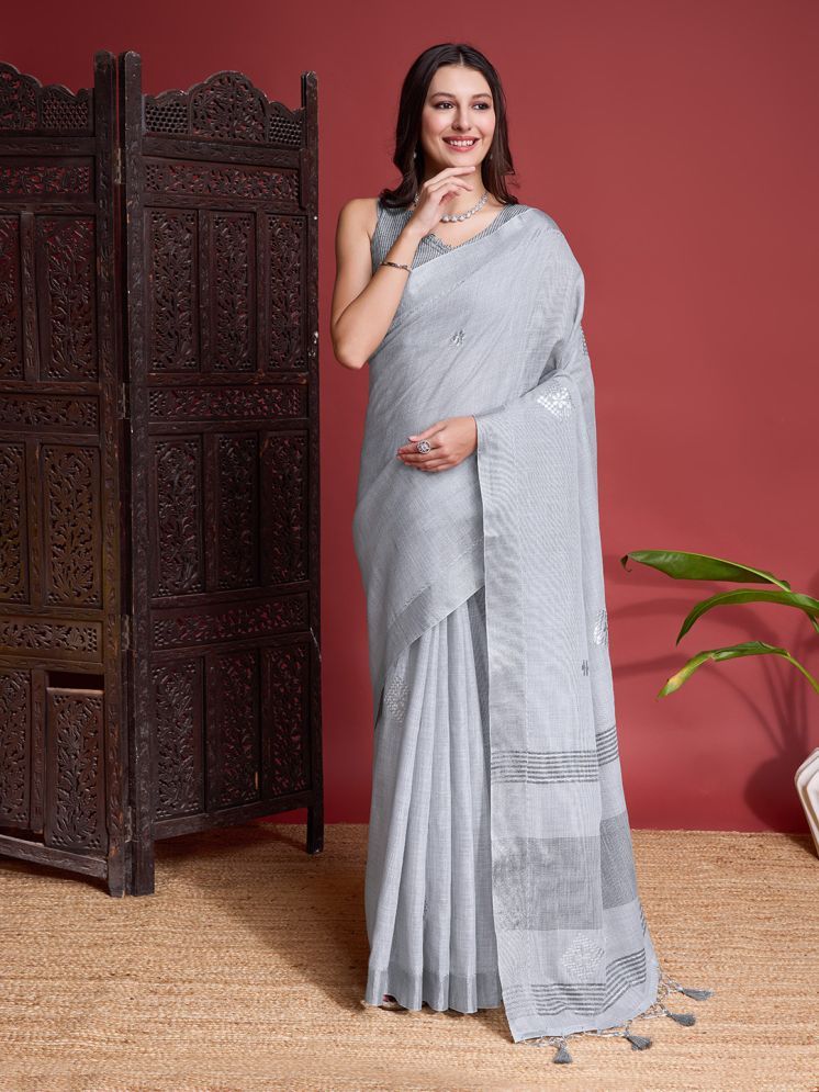     			Rekha Maniyar Linen Embroidered Saree With Blouse Piece - Grey ( Pack of 1 )