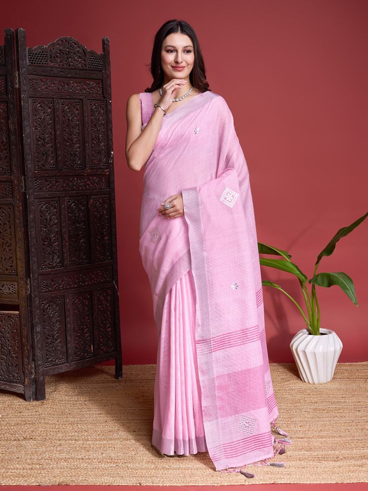     			Rekha Maniyar Linen Embroidered Saree With Blouse Piece - Pink ( Pack of 1 )