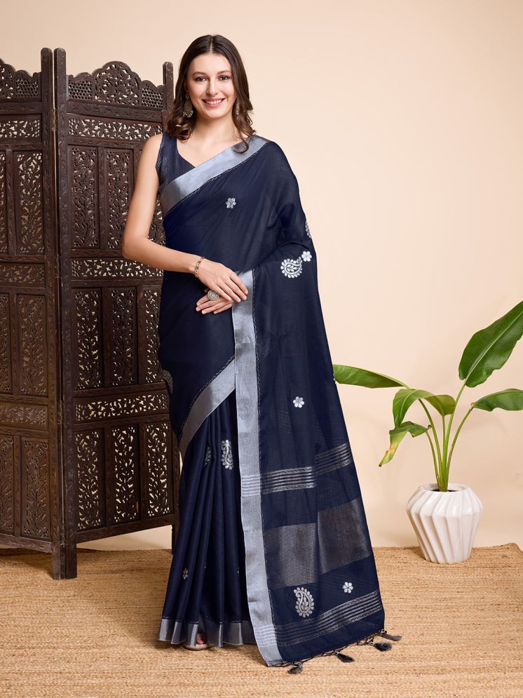     			Rekha Maniyar Linen Embroidered Saree With Blouse Piece - Navy Blue ( Pack of 1 )