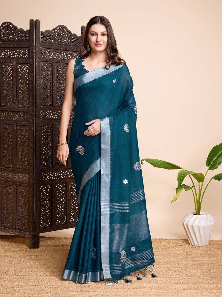     			Rekha Maniyar Linen Embroidered Saree With Blouse Piece - Teal ( Pack of 1 )