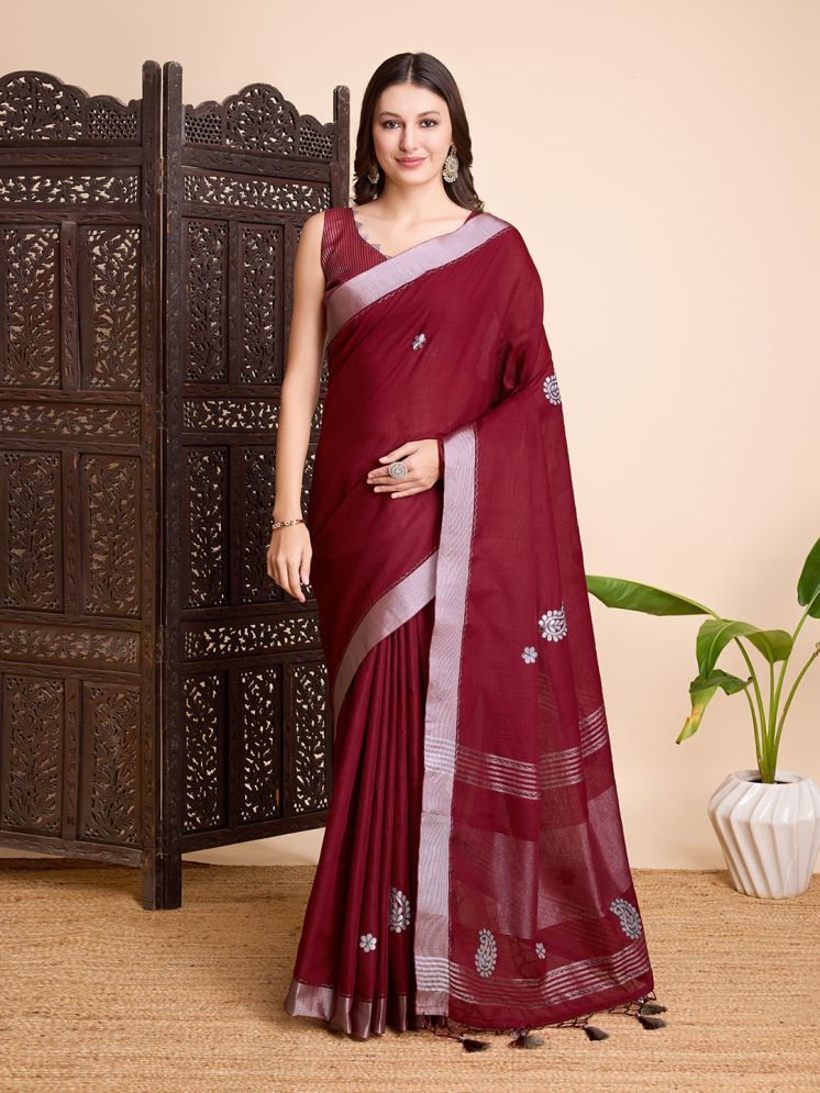     			Rekha Maniyar Linen Embroidered Saree With Blouse Piece - Maroon ( Pack of 1 )